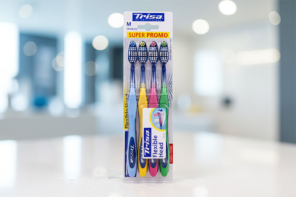 مسواک فلکسیبل هد متوسط چهارتایی تریزا روی پیشخوان حمام