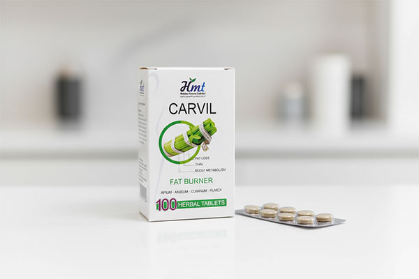 بسته‌بندی قرص کارویل حکیم مومن تبریزی روی میز سفید