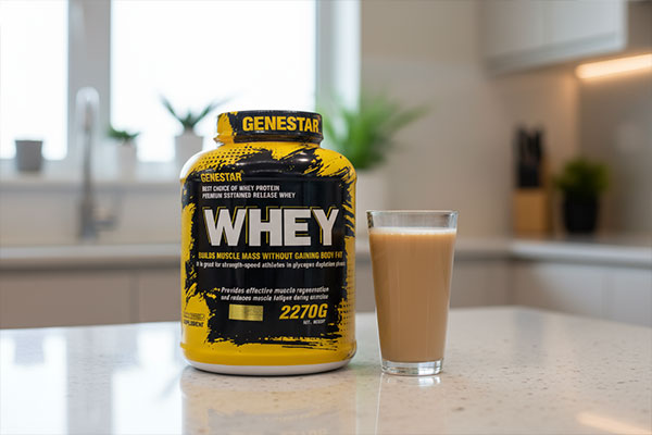 پودر پروتئین وی ژن استار 2270 گرم همراه با شیک پروتئینی