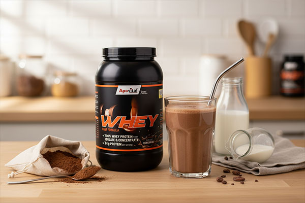 پودر وی آپوویتال 1000 گرمی کنار شیک پروتئینی شکلاتی