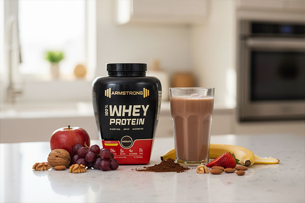 پودر پروتئین وی آرمسترانگ کنار شیک پروتئینی آماده