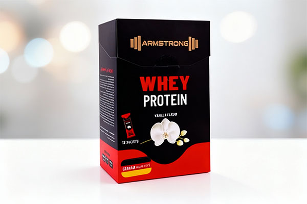 ساشه پروتئین وی وانیلی آرمسترانگ روی سطح سفید