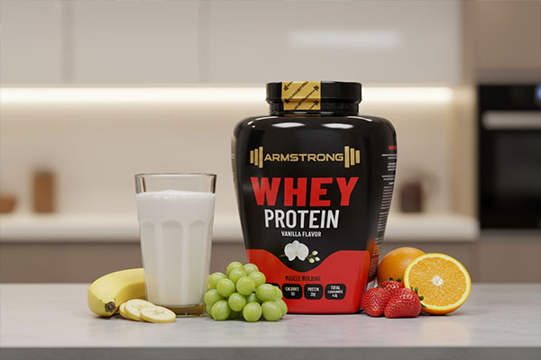 پودر پروتئین وی آرمسترانگ با شیک پروتئینی و میوه‌ها