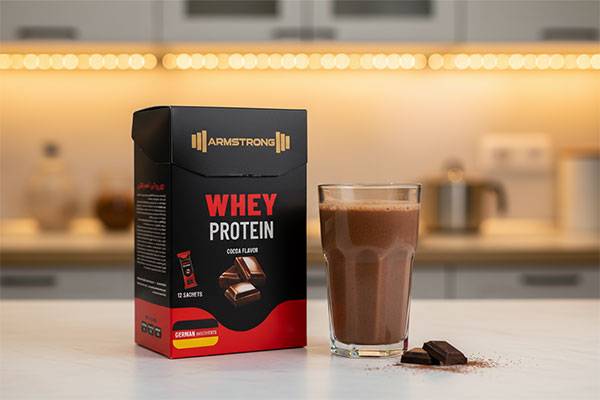 ساشه پروتئین وی آرمسترانگ با نوشیدنی پروتئینی کاکائویی