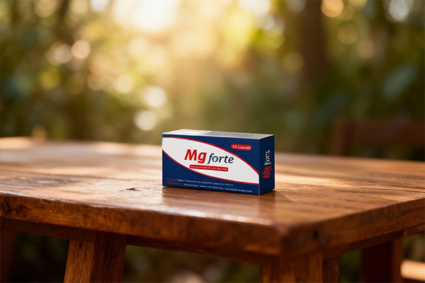 کپسول Mg Fort روی میز چوبی