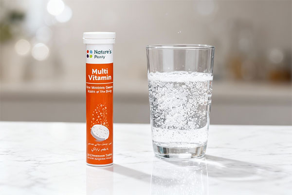 قرص جوشان مولتی ویتامین نیچرز پلنتی در کنار لیوان آب