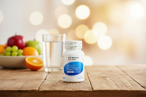 کپسول مولتی ویتامین مردان نیچرز پلنتی در کنار مواد غذایی سالم