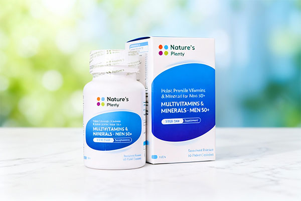 کپسول مولتی ویتامین آقایان بالای 50 سال نیچرز پلنتی روی سطح سفید