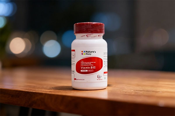 قرص ویتامین ب 12 نیچرز پلنتی کنار لیوان آب