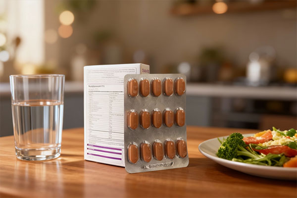 قرص دورالایف دیابتیک کنار لیوان آب و وعده غذایی سالم