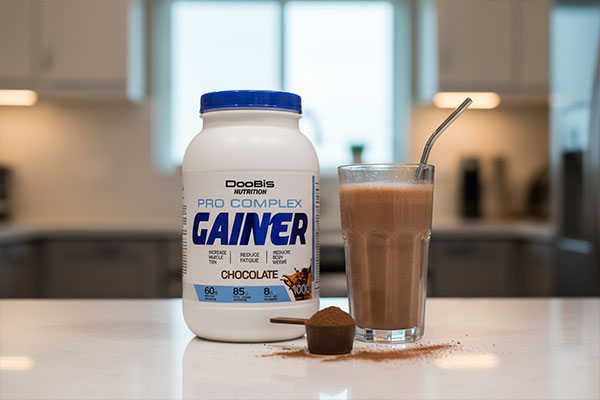 پودر گینر پرو کمپلکس دوبیس 1000 گرم در کنار شیک آماده