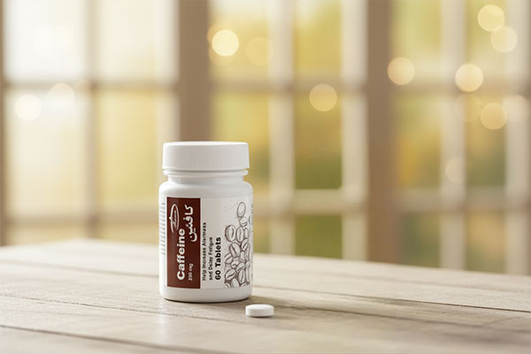 قرص کافئین کارن همراه با لیوان آب روی میز