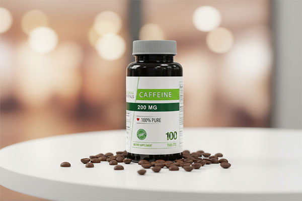 بطری قرص کافئین نوفرما نچرالز روی میز سفید با دانه‌های قهوه