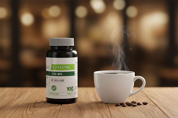 قرص کافئین نوفرما نچرالز کنار فنجان قهوه روی میز چوبی