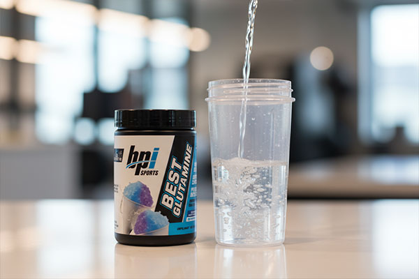 پودر ال گلوتامین بی پی آی در حال آماده‌سازی برای مصرف