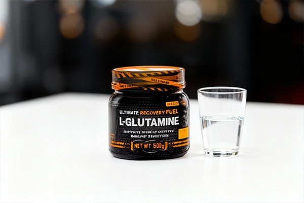 پودر ال گلوتامین ژن استار کنار لیوان آب