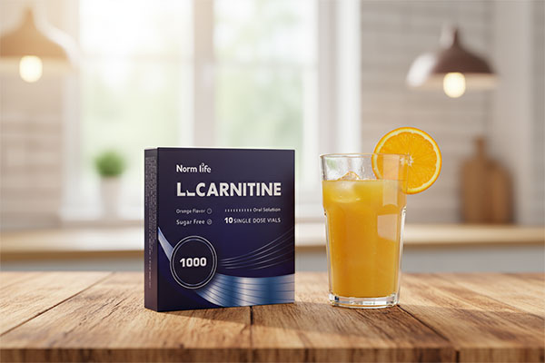 ویال ال کارنیتین نورم لایف کنار لیوان آب پرتقال