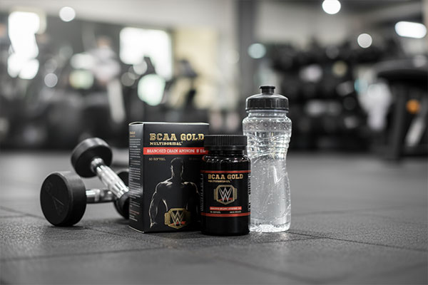 مکمل BCAA Gold مولتی نرمال در کنار تجهیزات ورزشی