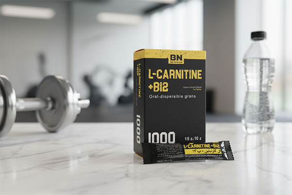 ساشه ال کارنیتین 1000 و ب12 بی اس کی روی سطح مرمری سفید