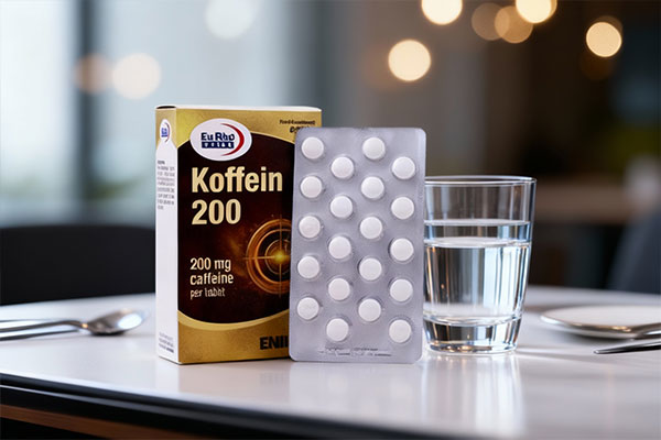 قرص کافئین یوروویتال کنار لیوان آب