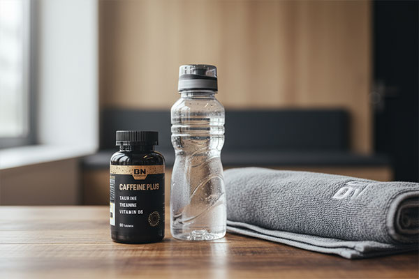 قرص کافئین پلاس بی اس کی در کنار تجهیزات ورزشی