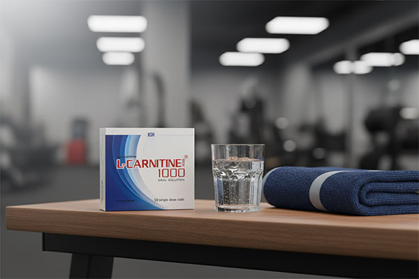 ویال ال کارنیتین 1000 بی اس کی در کنار لیوان آب و حوله ورزشی