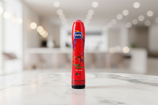 ژل تقویت کننده دلتا بوستر اریکشن بانوان روی سطح مرمر سفید