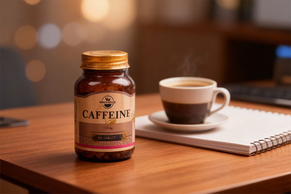 قرص کافئین مکس اونیو کنار فنجان قهوه و دفترچه