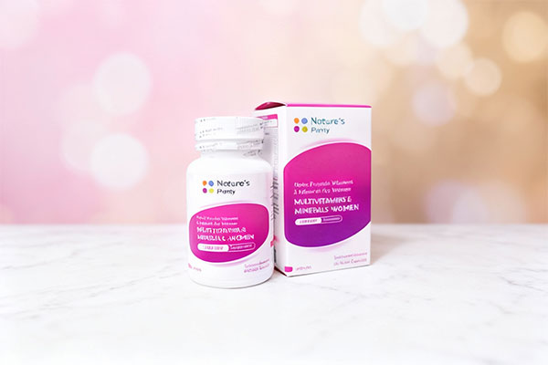 کپسول مولتی ویتامین بانوان نیچرز پلنتی روی سطح مرمر سفید