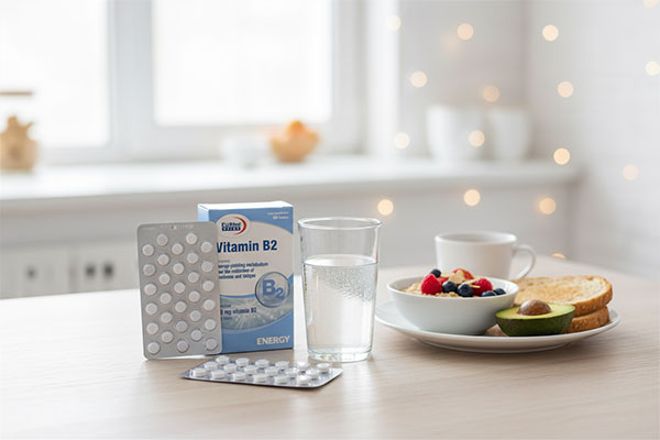 قرص ویتامین ب2 یوروویتال کنار صبحانه سالم