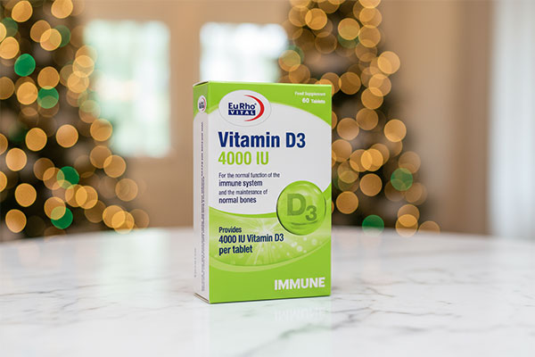 قرص ویتامین D3 4000 یوروویتال روی سطح سفید