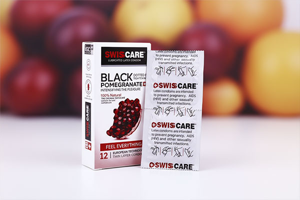 بسته‌بندی کاندوم انار سیاه سوئیس کر 12 عددی با کیفیت بالا