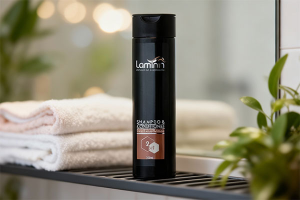 شامپو کراتینه و نرم کننده لامینین روی قفسه حمام