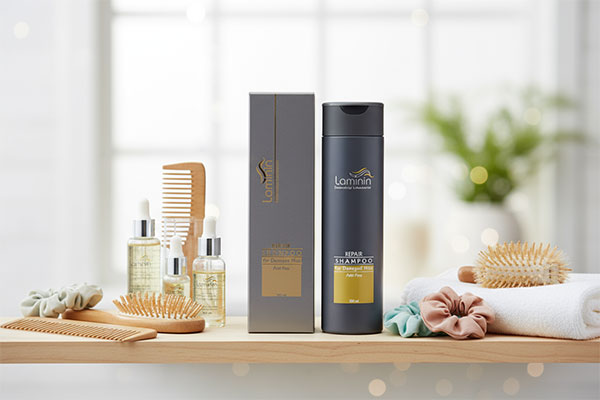 شامپو موهای آسیب دیده لامینین روی قفسه حمام