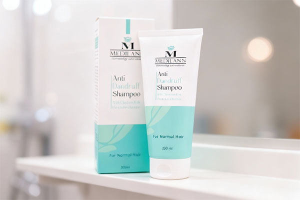 شامپو ضد شوره مدیلن برای موهای معمولی روی قفسه حمام