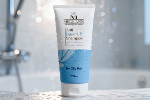 شامپو ضد شوره موهای چرب مدیلن روی پیشخوان حمام