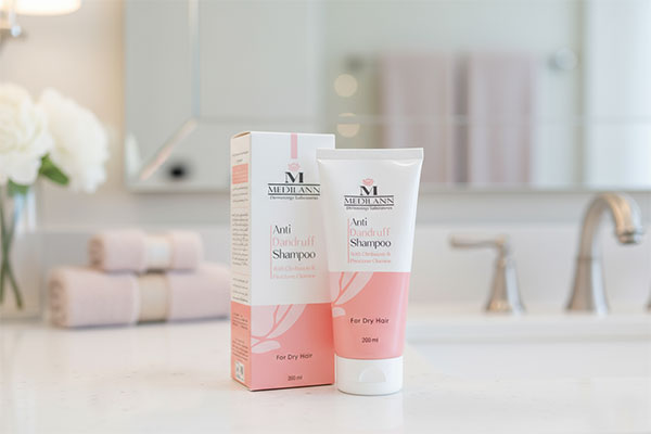 شامپو ضد شوره موهای خشک مدیلن روی پیشخوان حمام