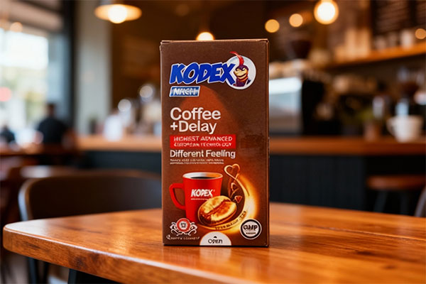 کاندوم تاخیری قهوه کدکس 12 عددی روی میز چوبی