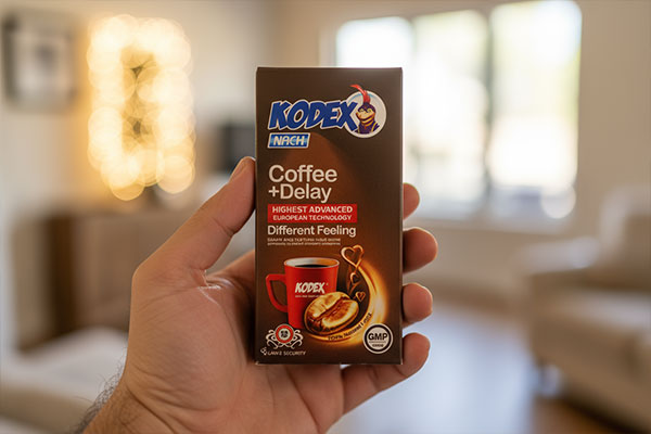 کاندوم تاخیری قهوه کدکس 12 عددی روی میز چوبی