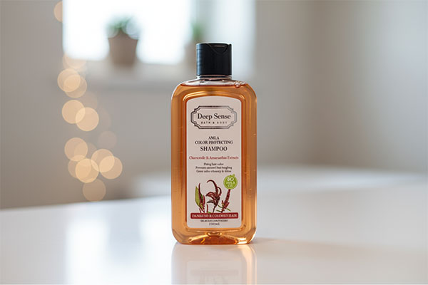 شامپو موهای رنگ شده دیپ سنس روی پیشخوان حمام