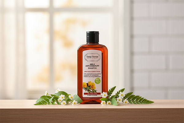 شامپو ضد شوره دیپ سنس سی گل روی قفسه حمام