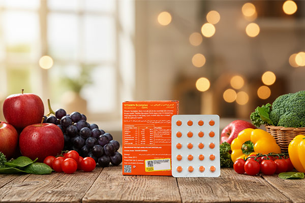 قرص ب کمپلکس مولتی نرمال کنار مواد غذایی سالم