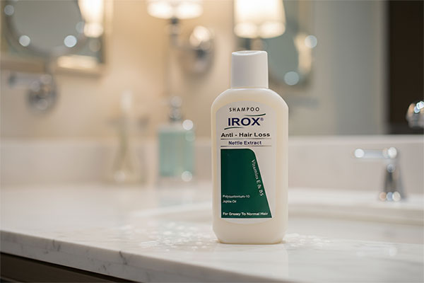 شامپو ضد ریزش ایروکس روی پیشخوان حمام