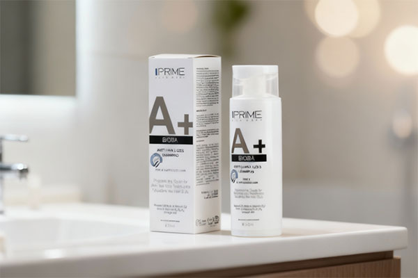 شامپو تقویت کننده و ضد ریزش +A پریم روی پیشخوان حمام