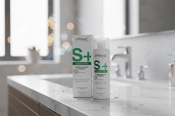 شامپو متعادل کننده چربی S+ پریم روی پیشخوان حمام
