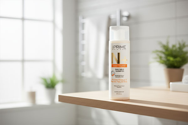 شامپو N پلاس پریم روی قفسه حمام