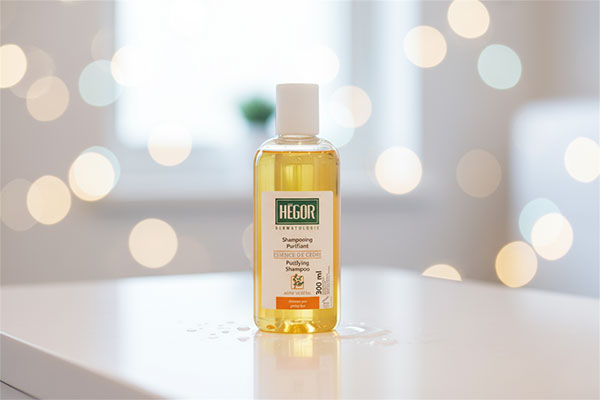 شامپو سدر مو چرب هگور روی پیشخوان سفید