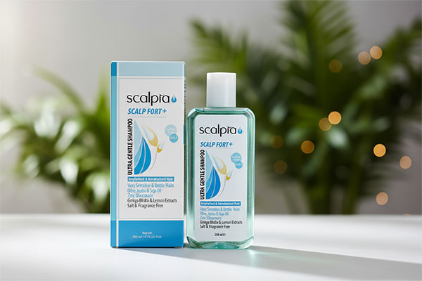 شامپو فوم موهای تازه کاشته شده اسکالپیا روی پیشخوان حمام