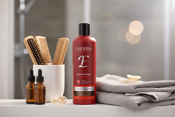 شامپو موهای رنگ شده اویدرم روی قفسه حمام