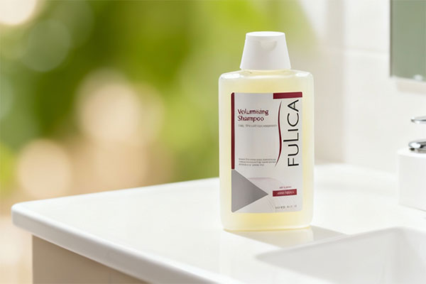 شامپو حجم دهنده مو فولیکا روی پیشخوان حمام